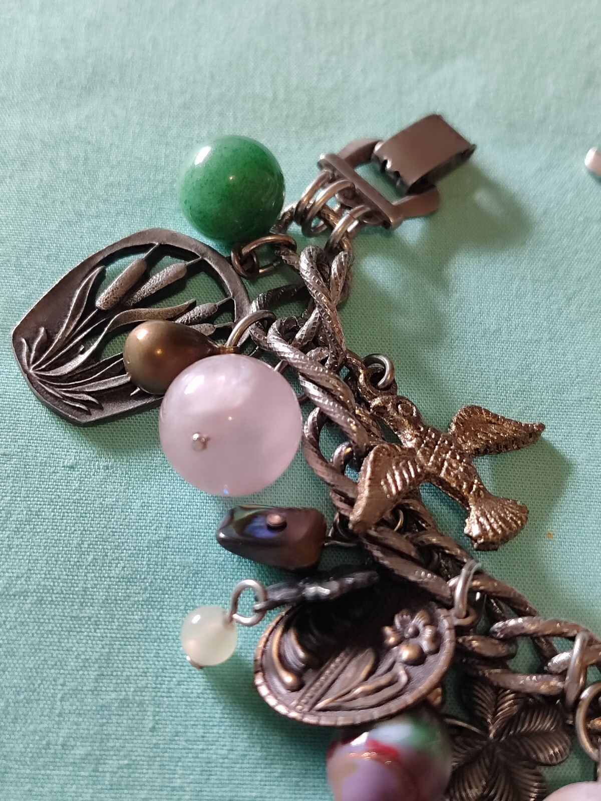Vintage Loaded Dangle Charm Starter Bracelet Silver Plate Pewter Art Glass Stone