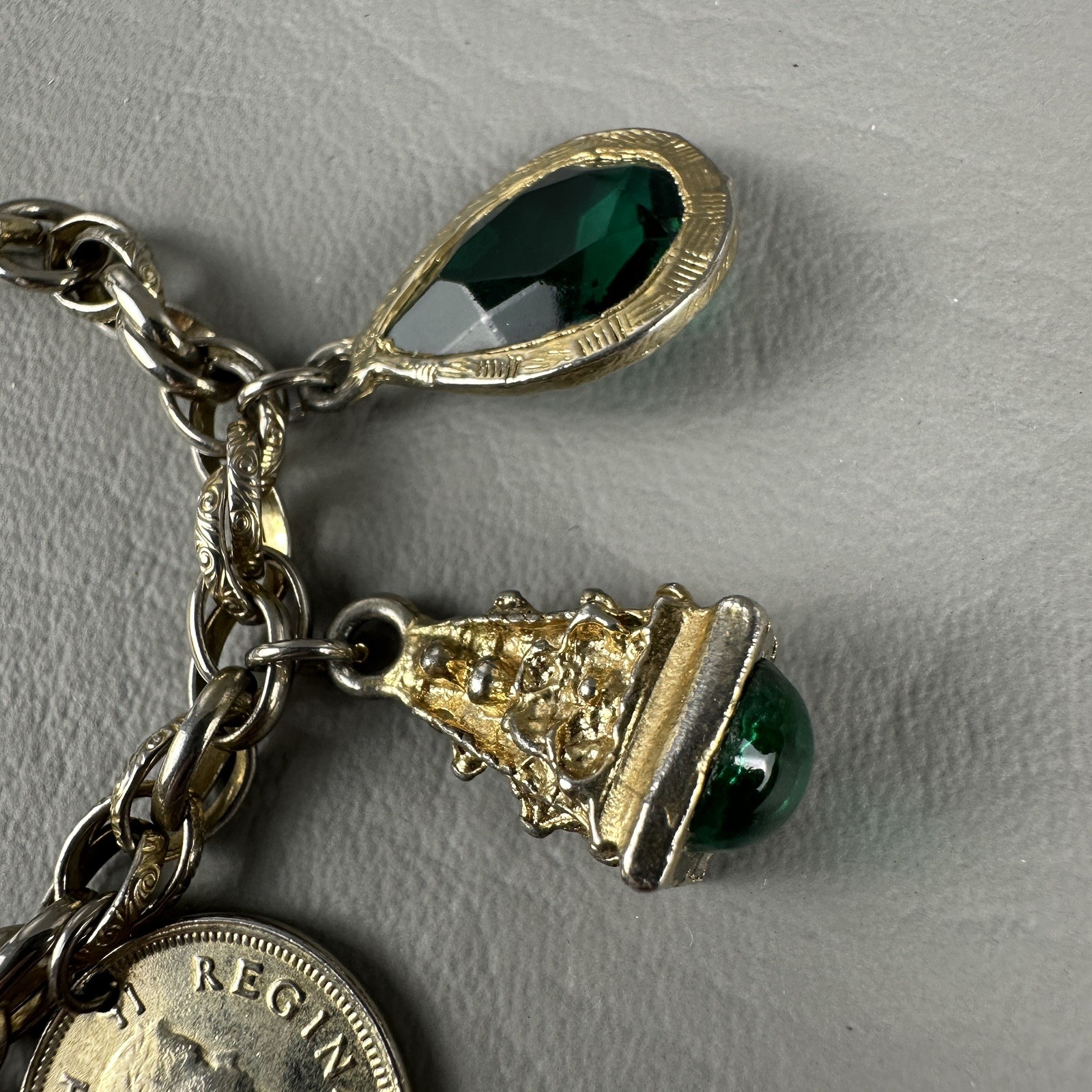 Vintage Charm Bracelet Gold Tone Glass Charms South Africa Coin 6.5″