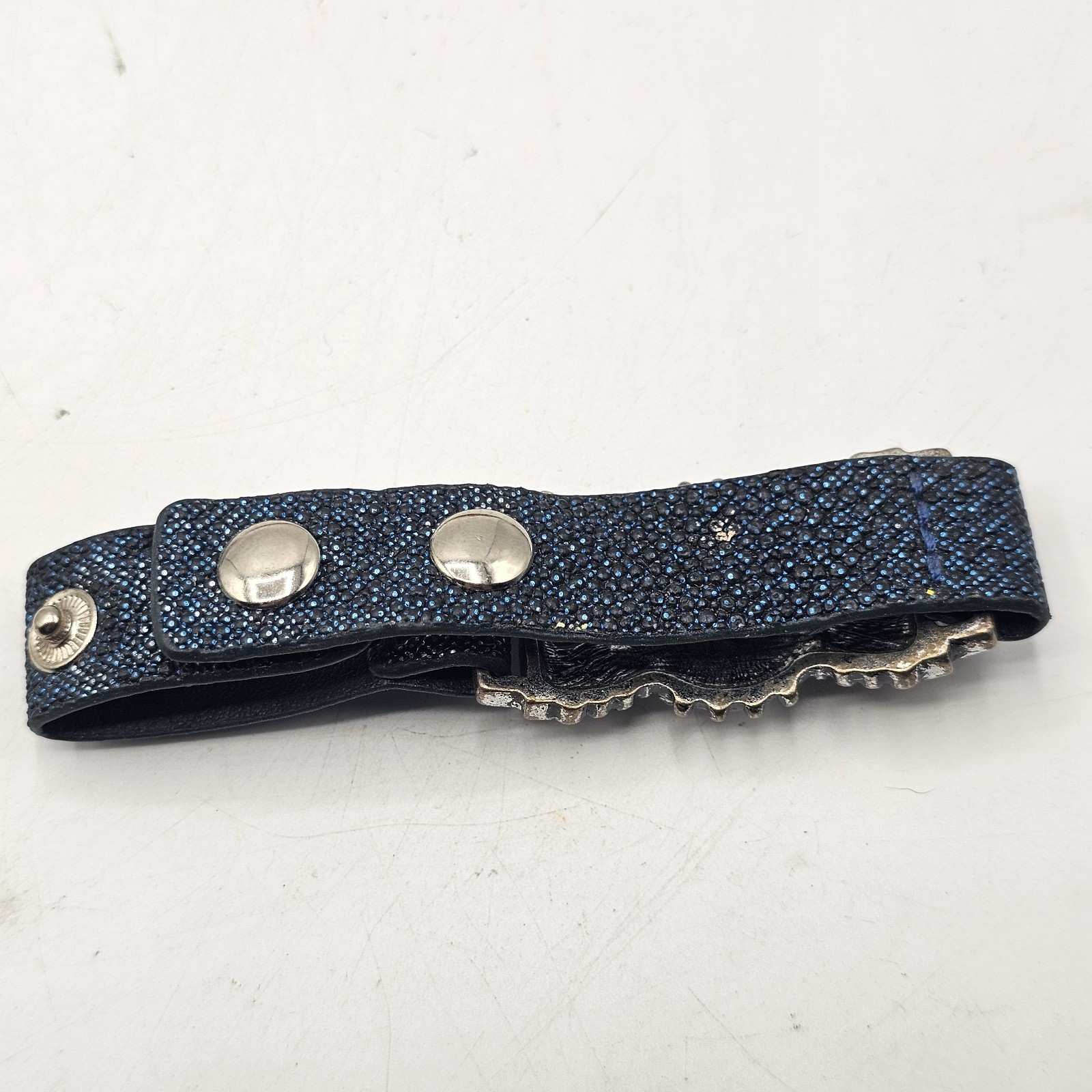 Vintage Yik Fung Leather Rhinestone Bracelet Blue & Silver