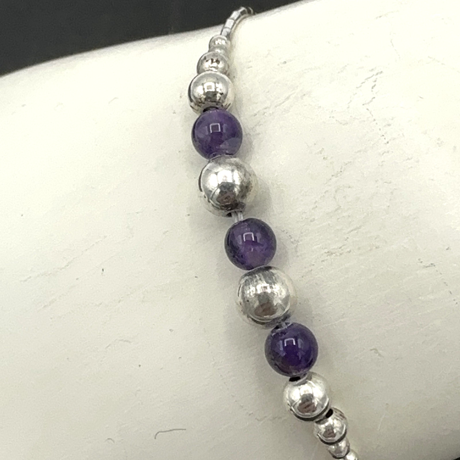 AMETHYST bead bracelet – sterling silver artisan-made liquid silver barrel clasp