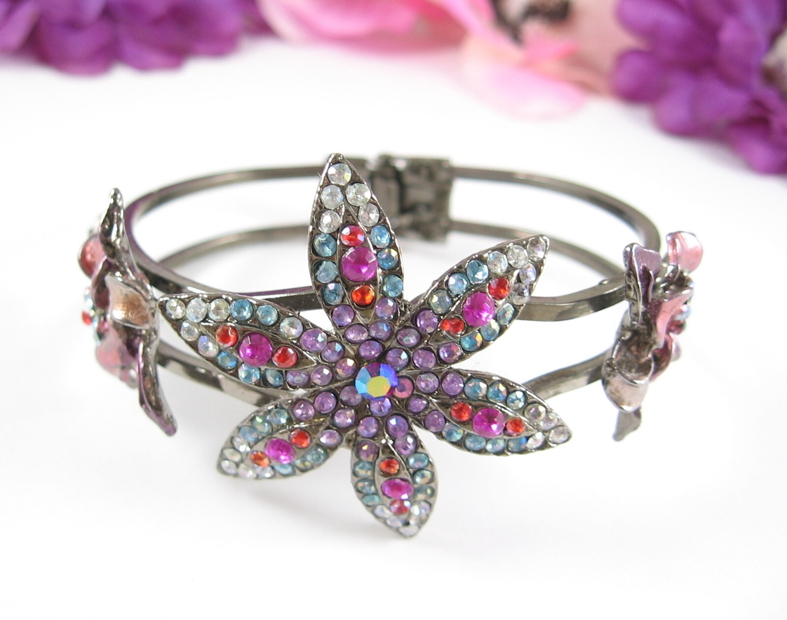 Color RHINESTONE CLAMPER BRACELET Vintage Flowers Pink Purple Gunmetal Gray