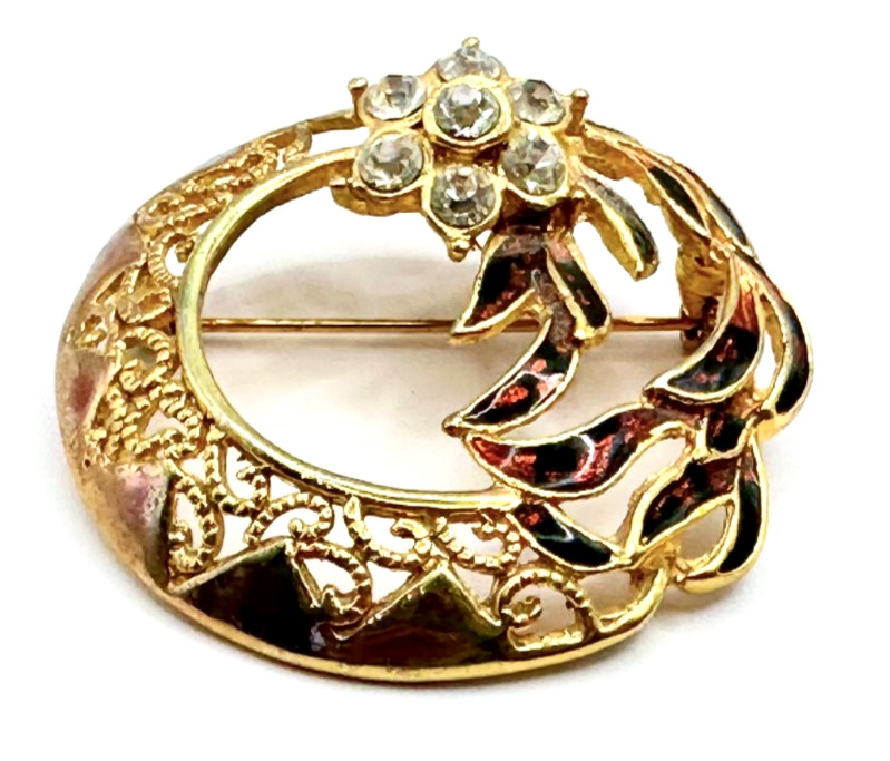 Gold Tone Rhinestones Flower & Multicolor Enamel Brooch Vintage
