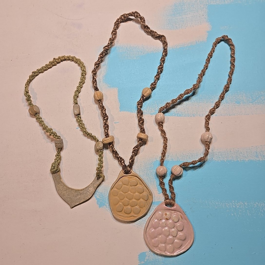 VTG 70s 80s Pottery Clay Bead Necklaces 9pc Signed Artisan Macrame Hemp 12-18in