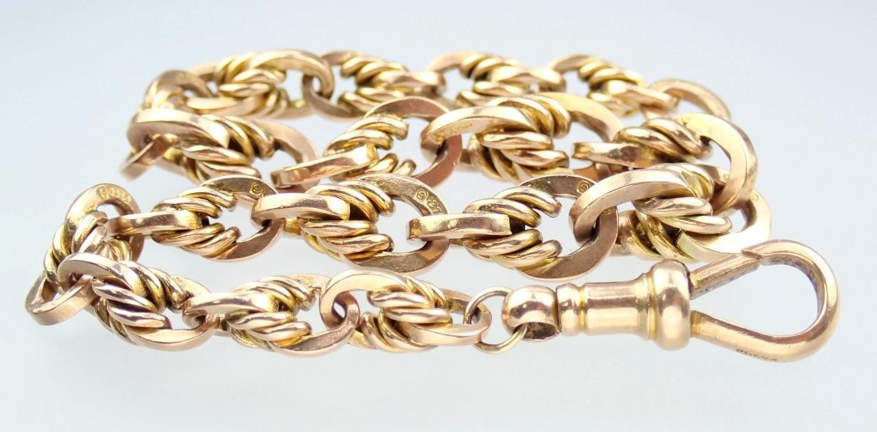 Pretty Antique Art Deco Solid 9K Rose Gold Belcher Chain Bracelet Dog Clip 21.6g