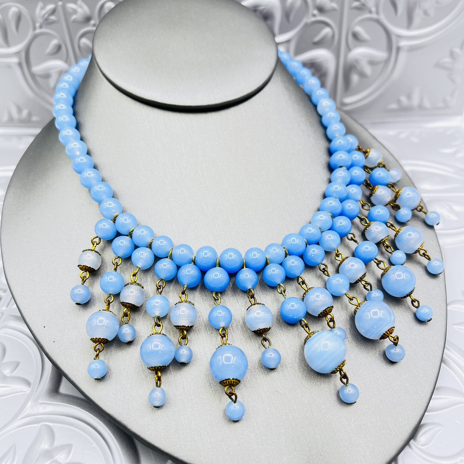 Vintage Periwinkle Blue Czech Glass Beaded Fringe Bib Necklace 16″