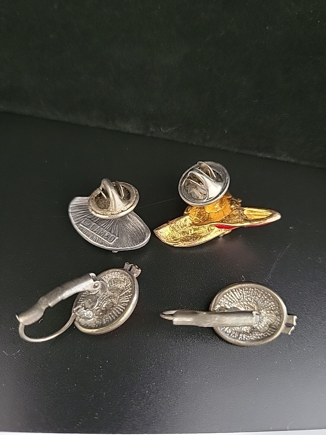 2 Vntg Red Hat Society pins & a pair of pierced earrings