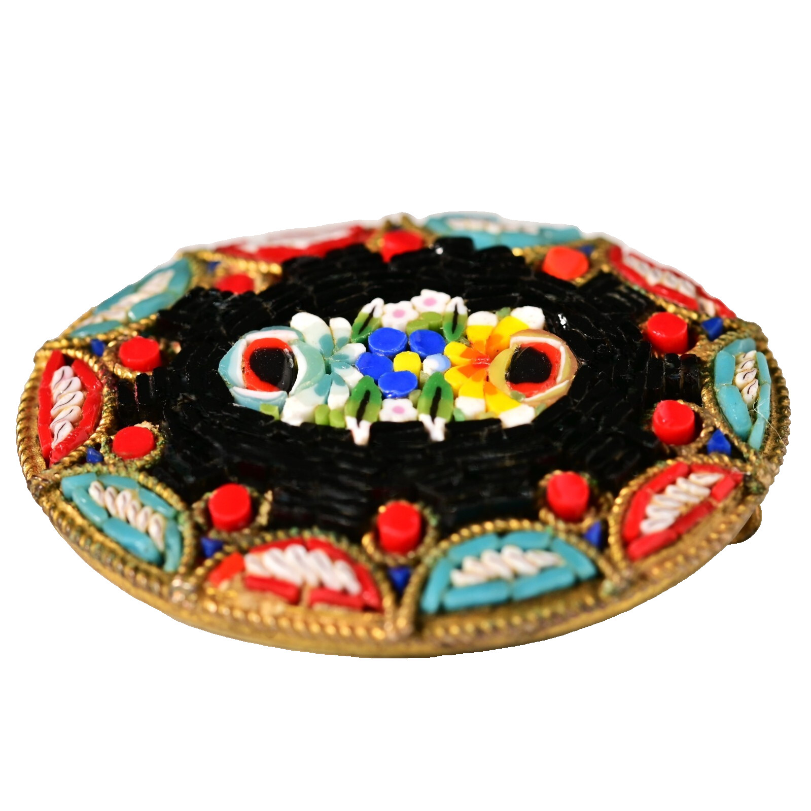 Antique Original Vintage Murano Glass Micro Mosaic Venetian Estate Brooch Pin