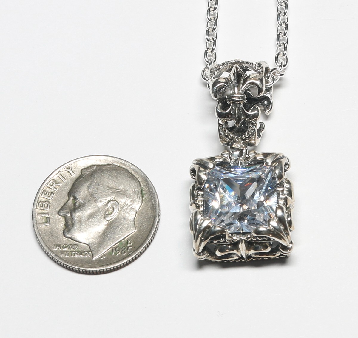 Sterling Silver 5.00ct Square Cut CZ Pendant with 20″ Cable Link Sterling Chain