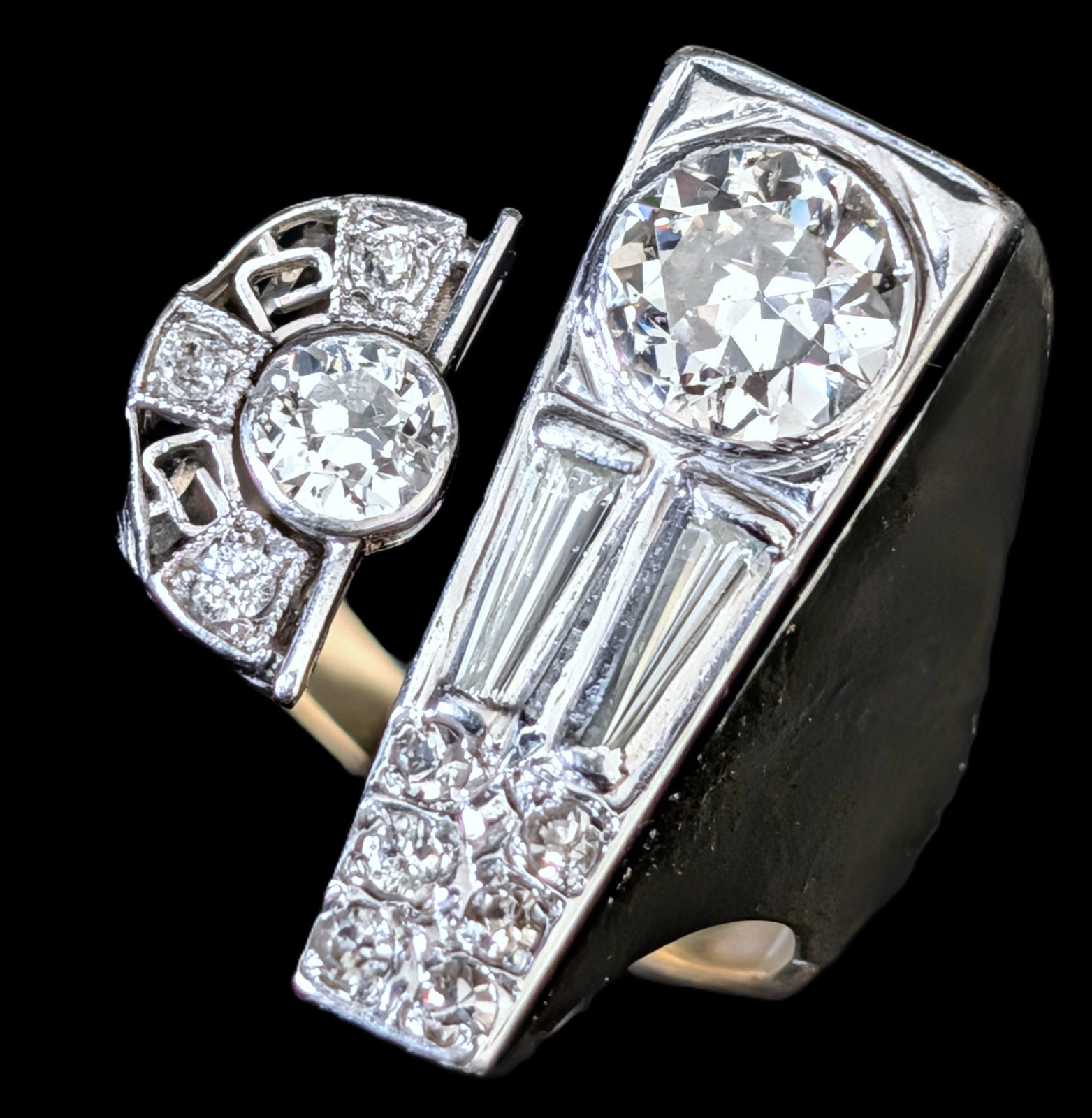 1940s Old European Cut Diamonds 14k Gold Platinum Cocktail Ring Vintage Retro