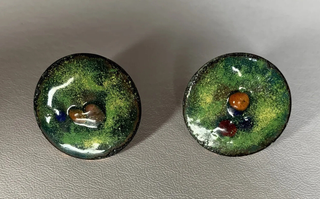 Vtg Estate MCM Earrings Enamel on Copper Screw On Round Discs Earthtones