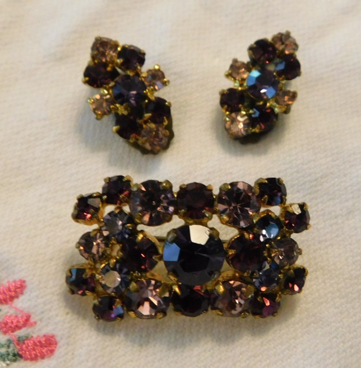 Vintage Austria Purple Crystal Rhinestone Pin and Earrings Set