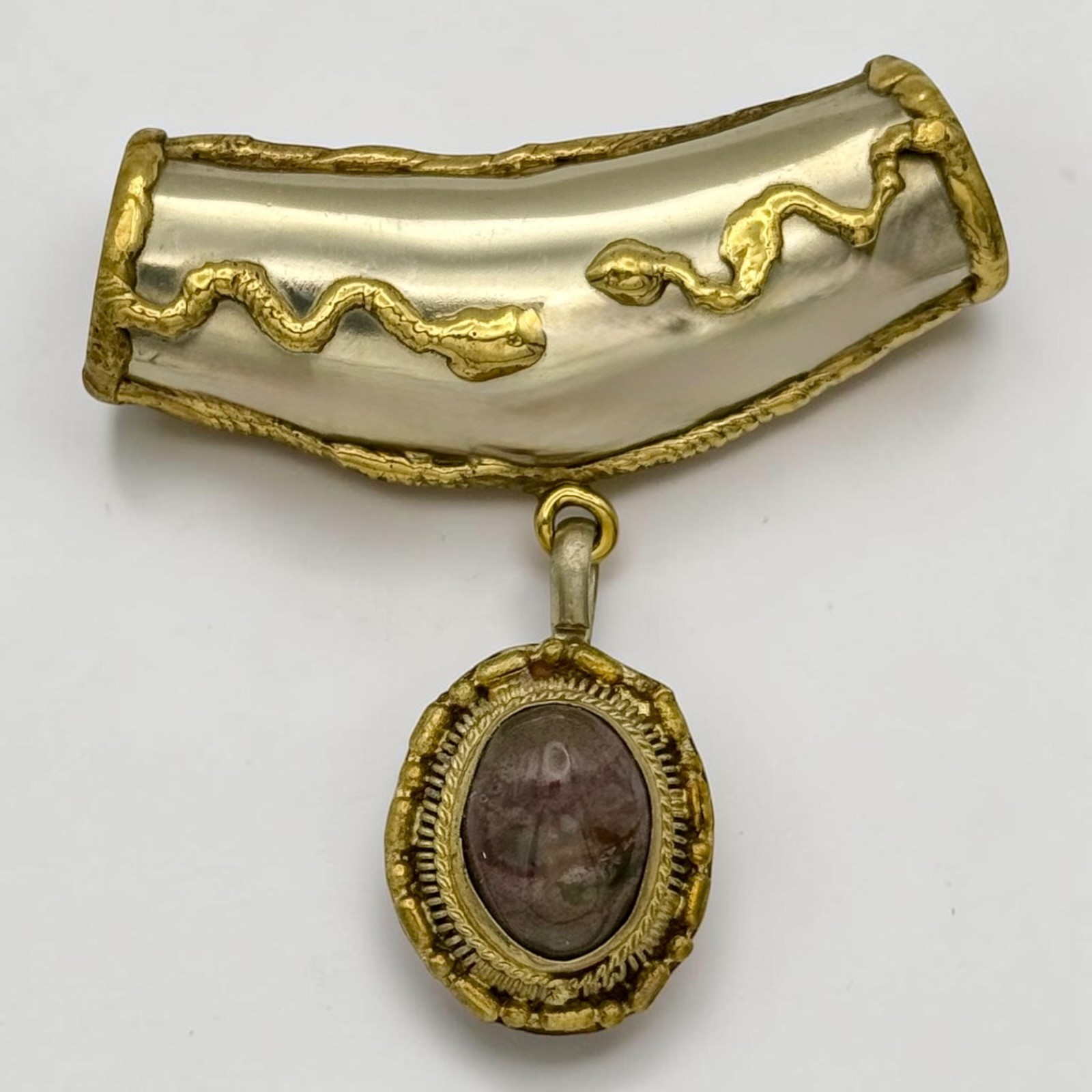 Vintage Brutalist Agate Mixed Metal Slide Pendant Silver Brass 2.5″