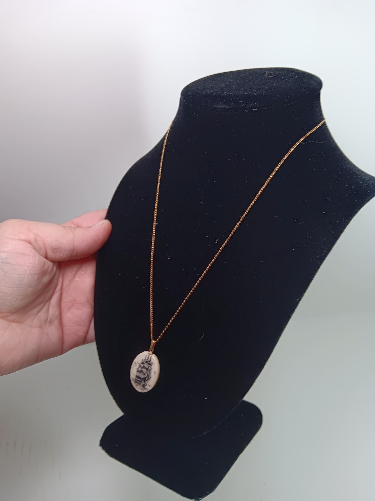 Vintage Scrimshaw Ship Pendant 14K GF Chain Necklace