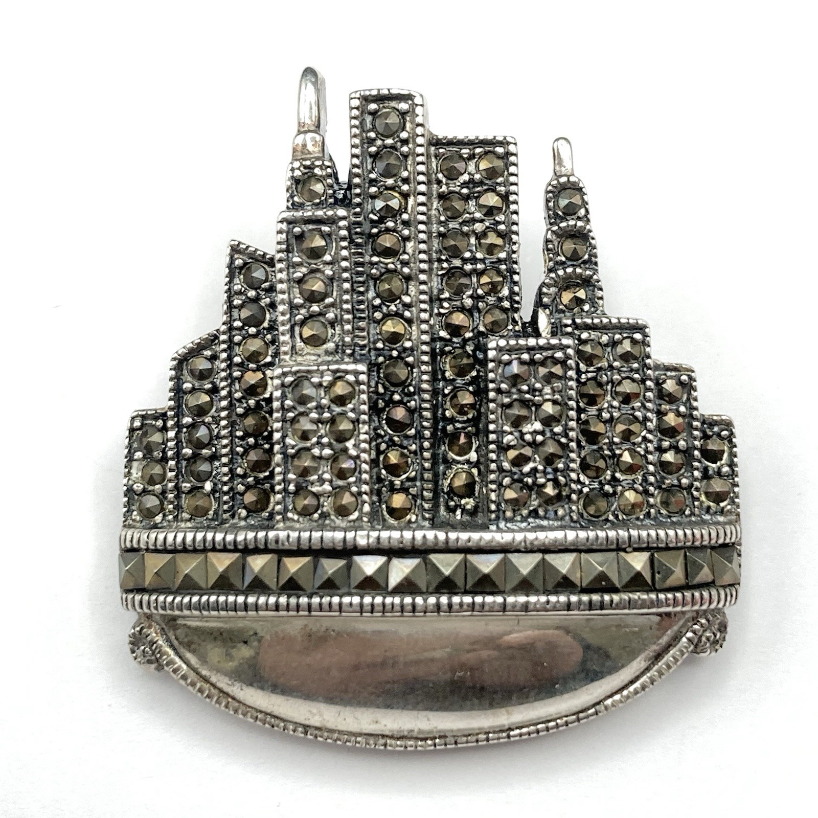 Vintage 925 Sterling Silver DBJ Marcasite New York City Skyline Brooch Pin