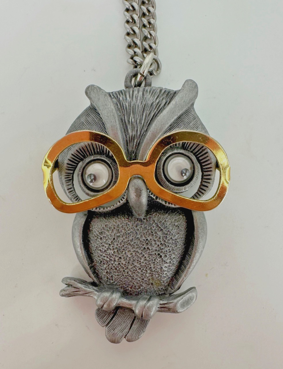 Vintage FAB Pewter Tone Googly Eyed Owl With Movable Eyeglasses Pendant Necklace
