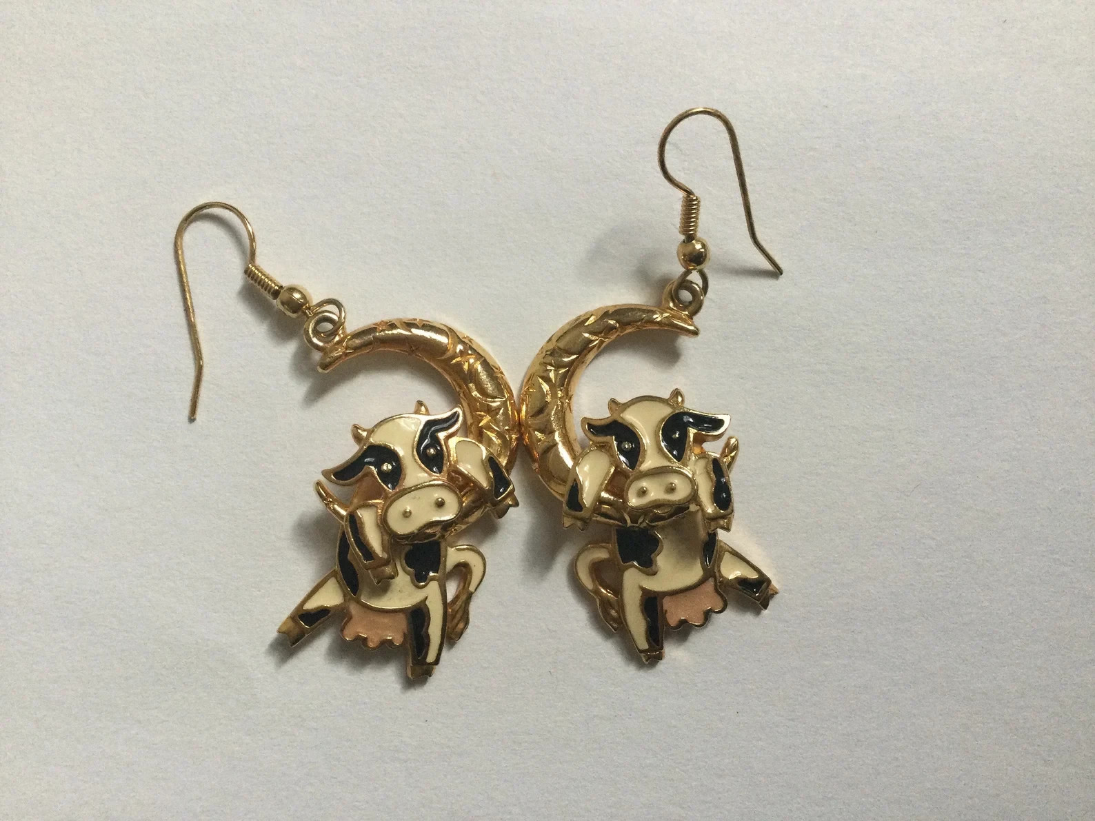 Vintage Cow Earrings Articulated Berebi Jump Over the Moon Enamel Pierced Dangle