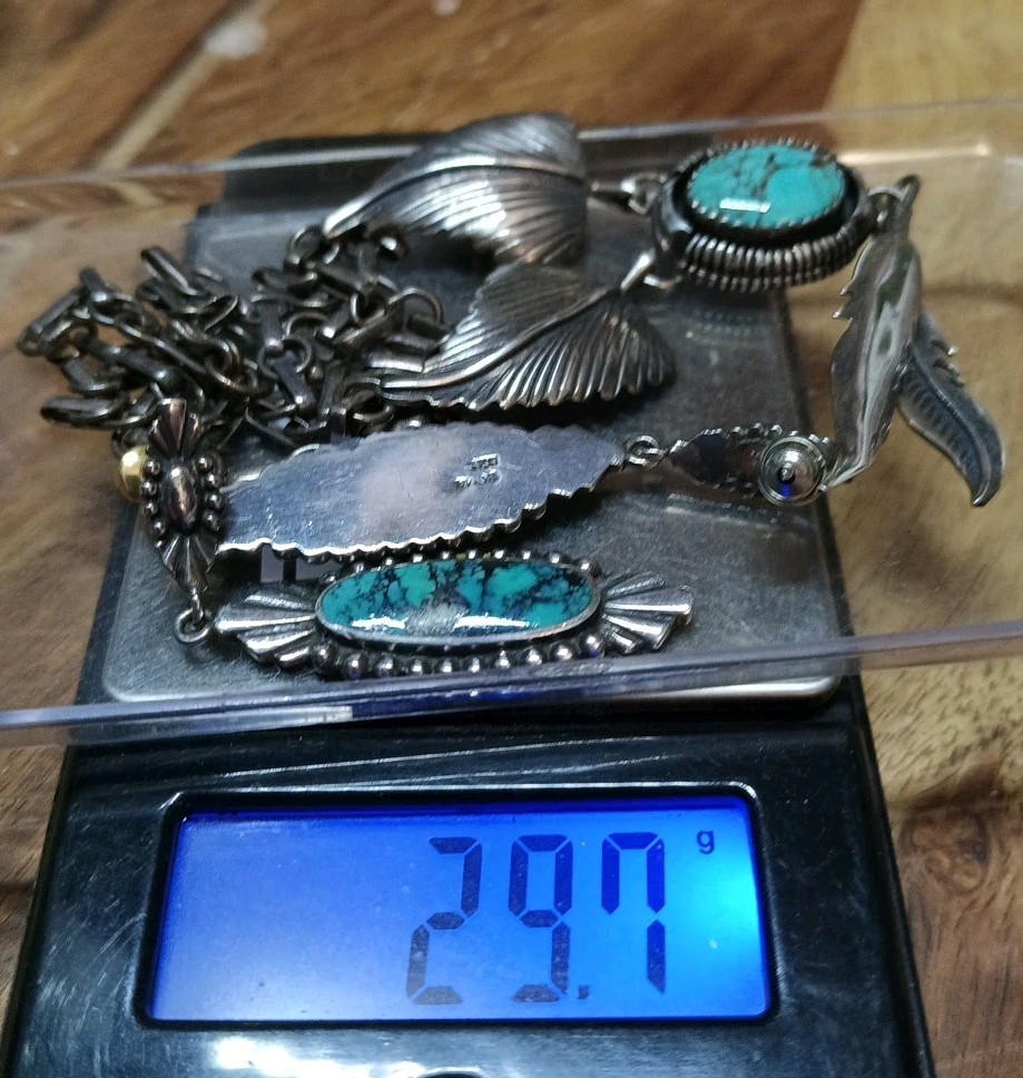 NAVAJO SPIDERWEB TURQUOISE STERLING SILVER FEATHER NECKLACE & EARRINGS 29.7 Gr