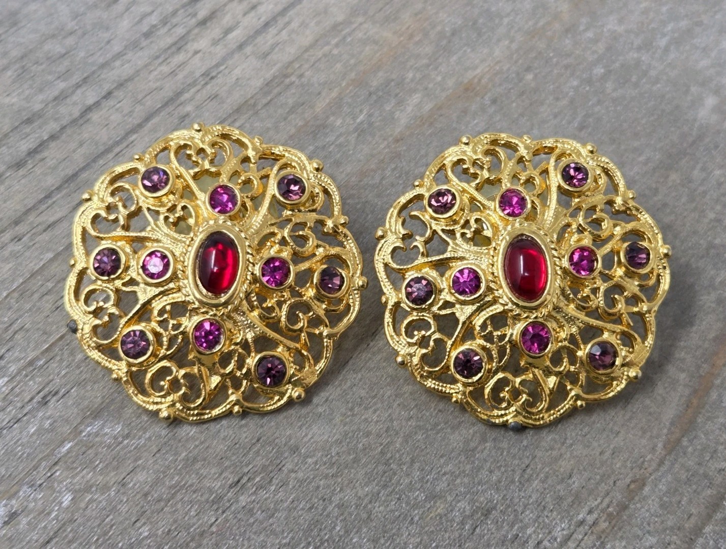 Gold Tone Filigree Earrings w/ Red Cabochons & Purple Pink Rhinestones Vintage