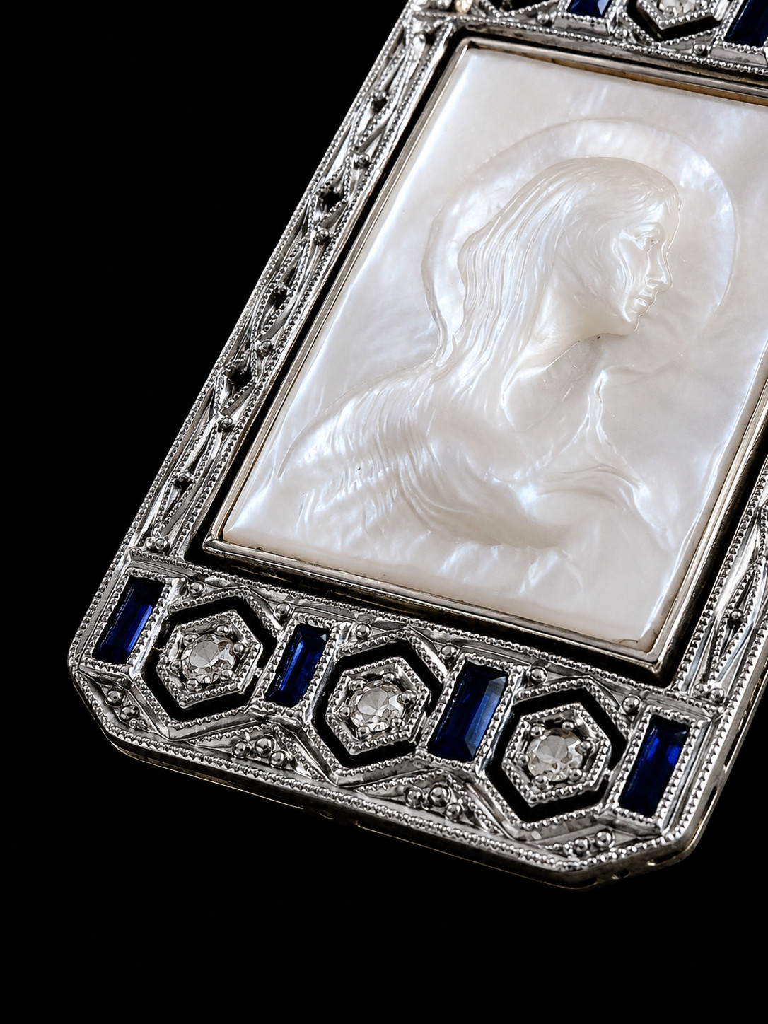 Antique Art Deco 18K Gold Religious Virgin Mary Pendant Diamonds Sapphires
