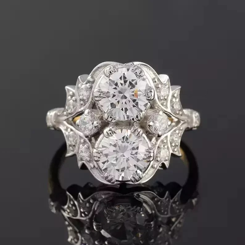 Vintage Art Deco Style Round Cut Lab Created Diamond Engagement 14K Gold FN Ring