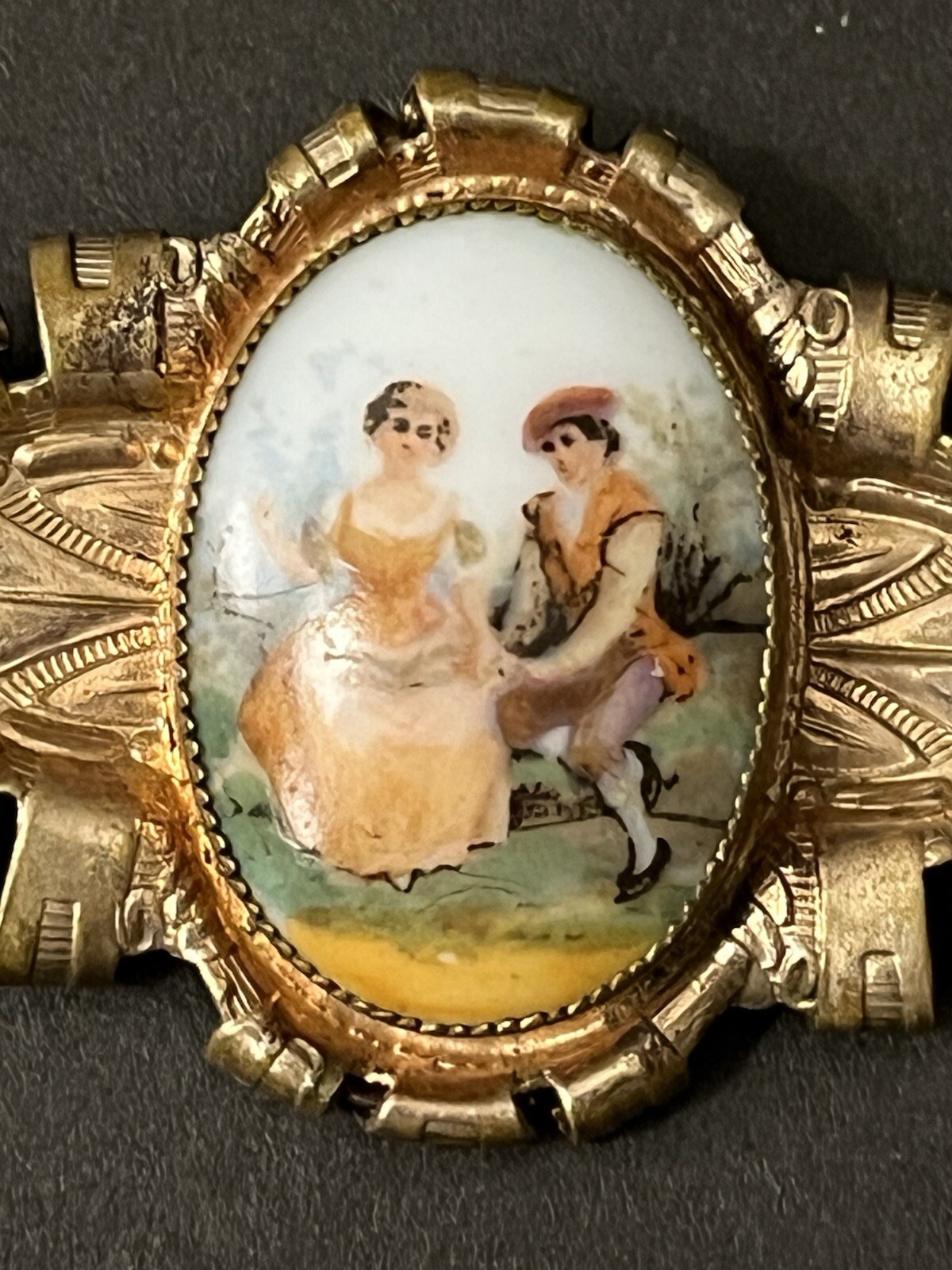 Vintage Austrian Porcelain Courting Couple Brooch Pat 206595 Gold Tone