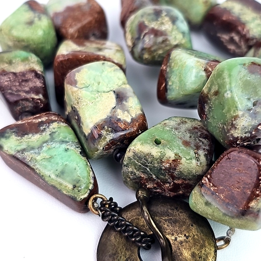 Vintage Green Brown Gemstone Nugget Necklace Chunky Statement 16 Inch