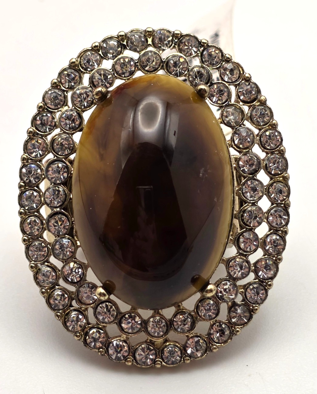 Vintage Tigers Eye Lucite Cocktail Ring Gold Tone Crystal Halo Stretch Band OS