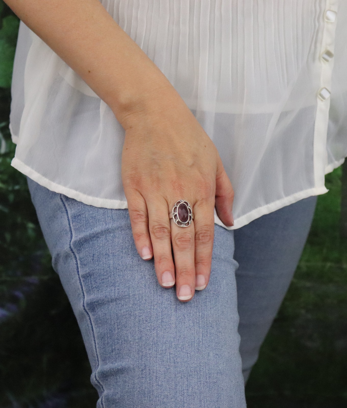 Sterling Silver Cushion Cut Purple Cubic Zirconia and Marcasite Ring Size 8 1/4