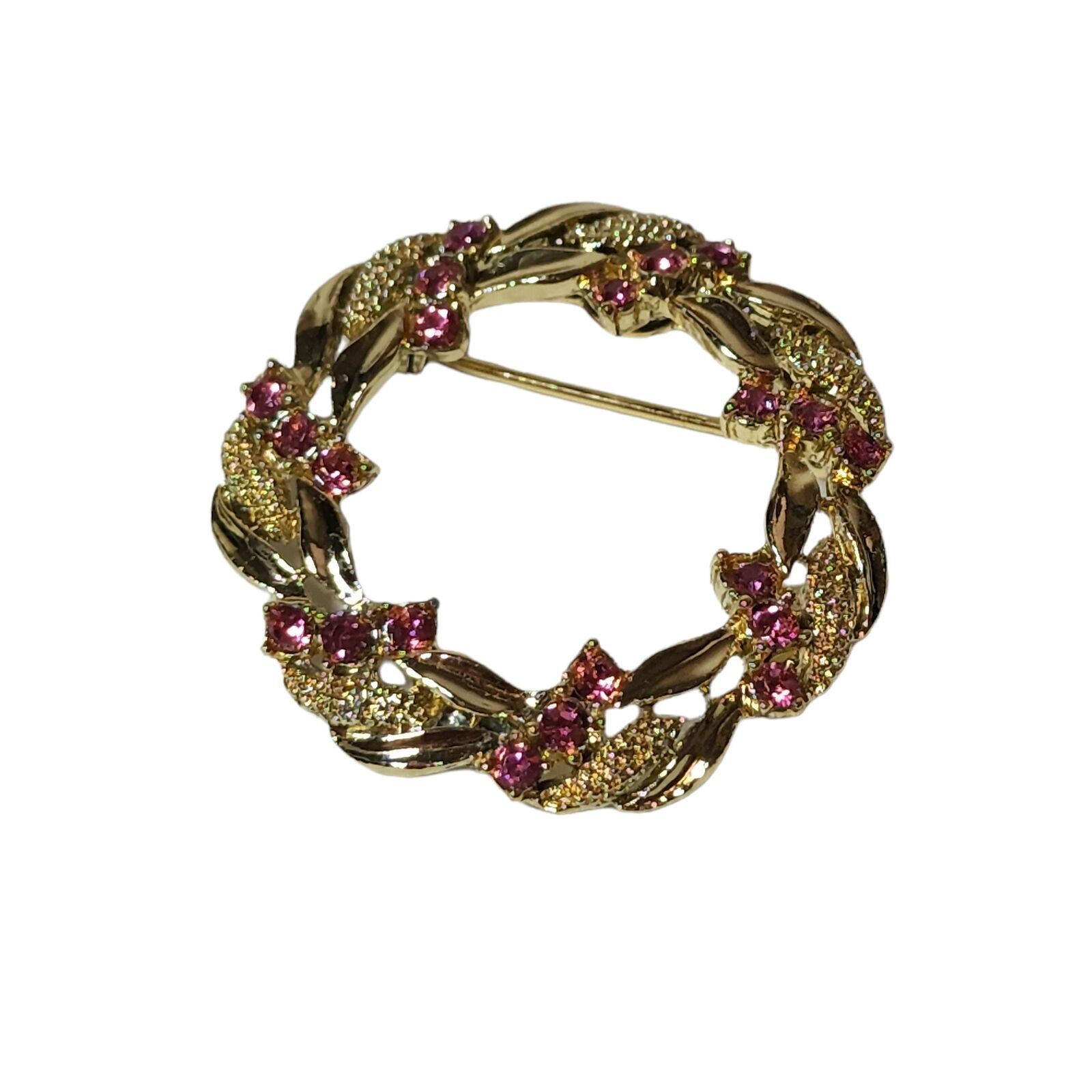 Vintage Signed Garry’s Brooch Gold Tone Pink Rhinestones Wreath Circle Floral