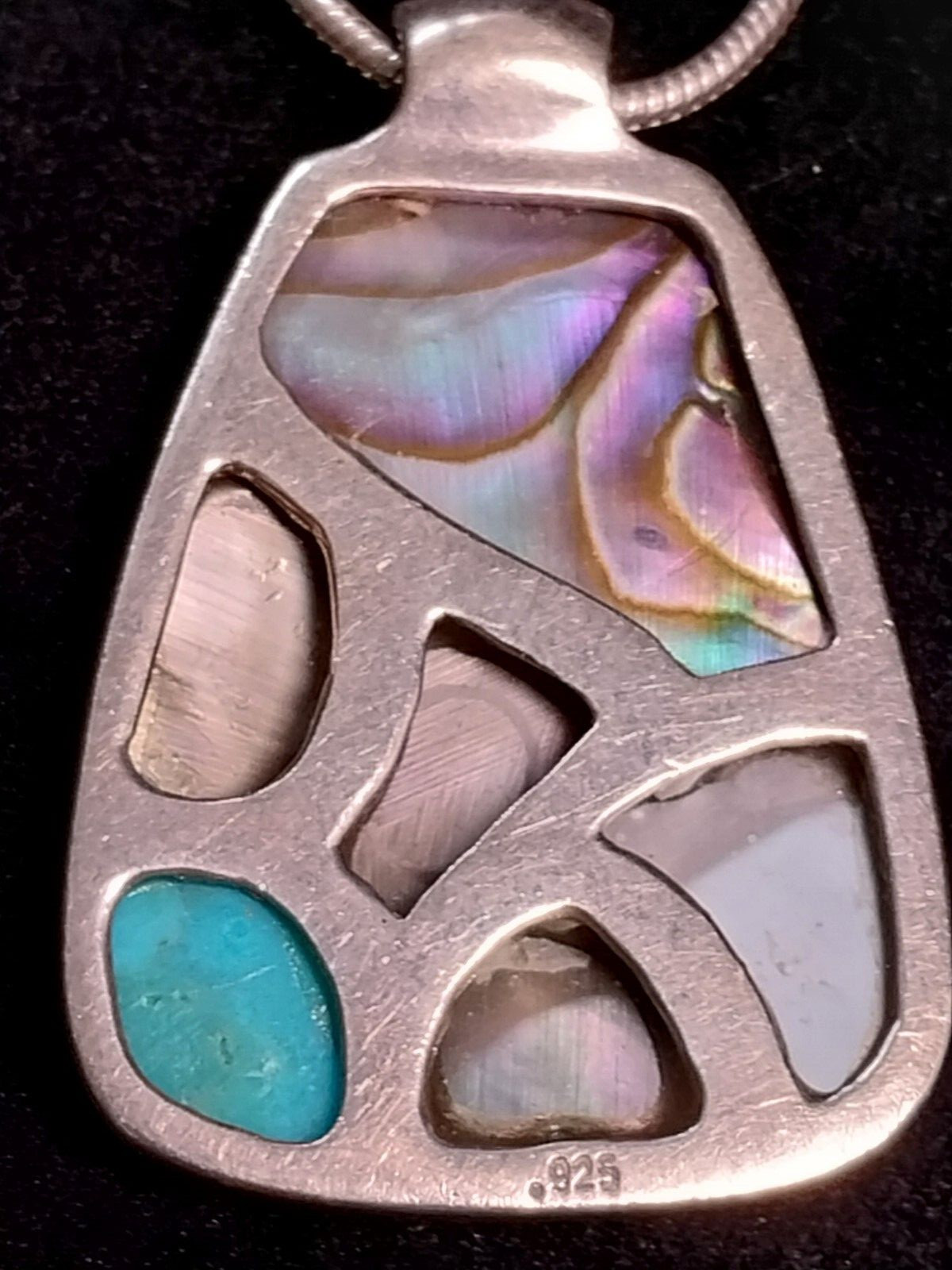 Vintage Abalone Shell Paua & Turquoise Abstract Cluster Pendant & Chain Necklace