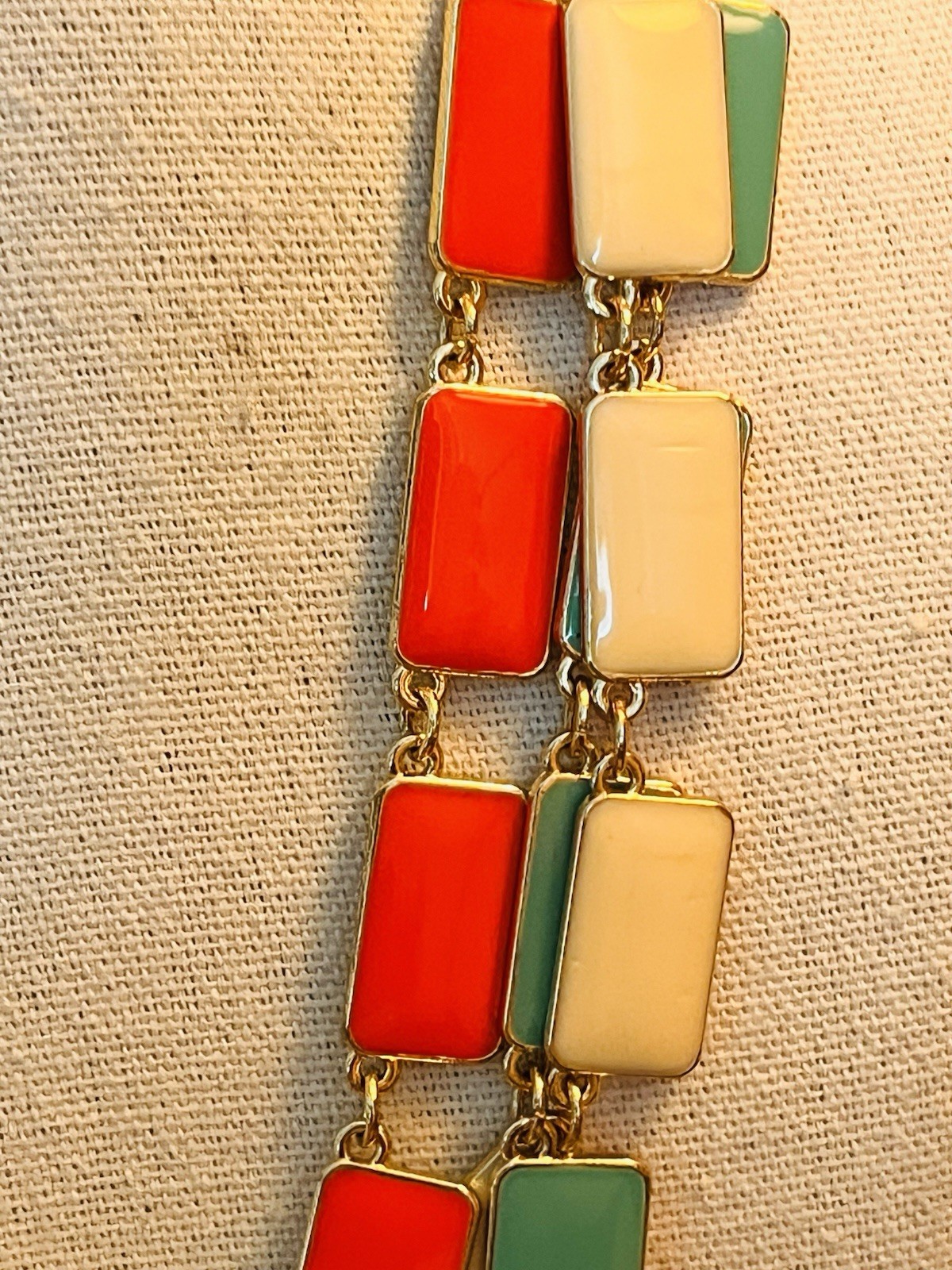 VTG Mod Geometric Enamel Panel Necklace Turquoise Coral Cream Gold Tone