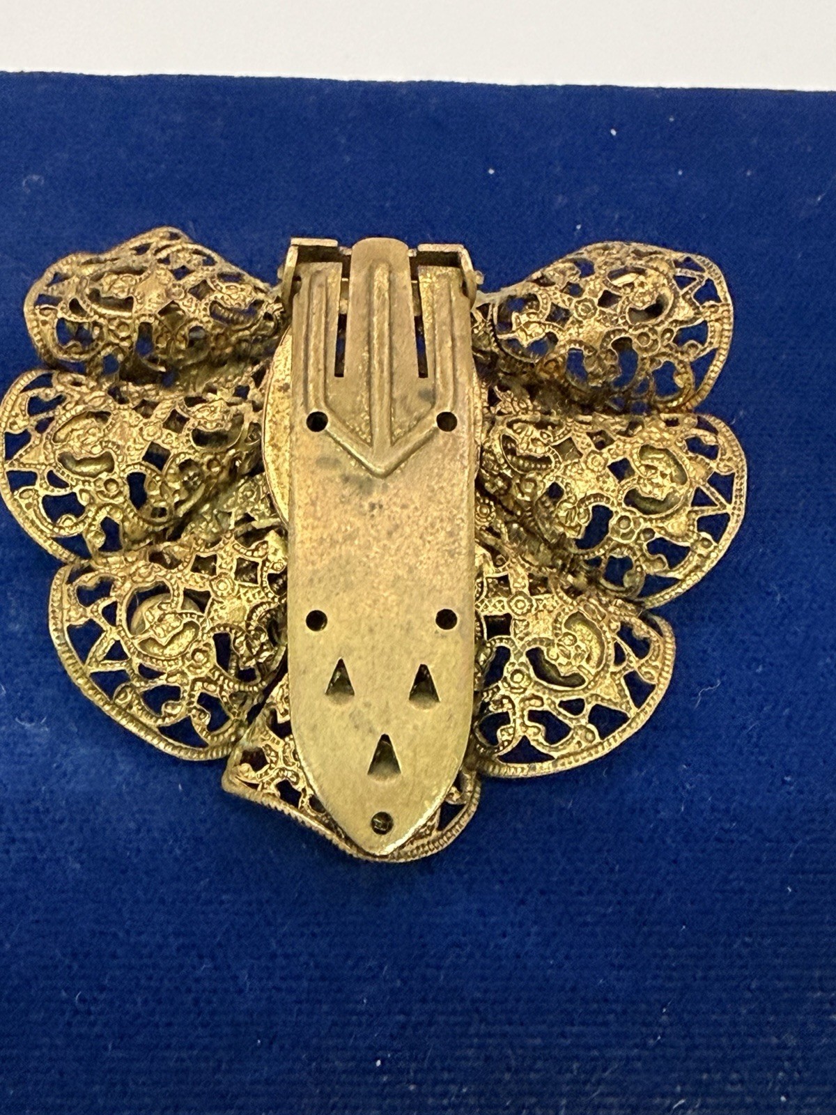 Victorian Czech Gold Tone Filagree Green Stone Dress Clip/ Pin Antique