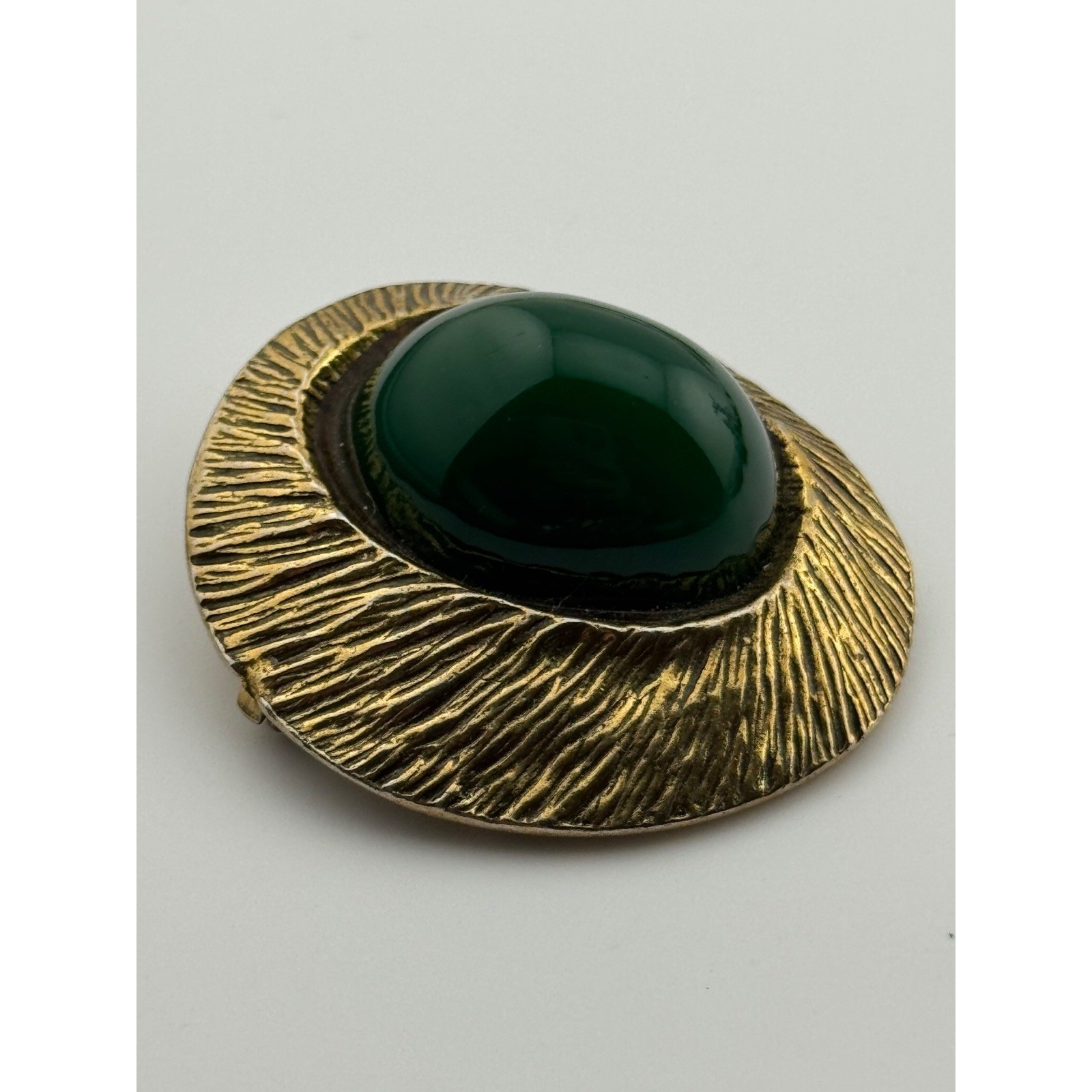 Vintage Zentall Gold Tone Green Cabochon Brooch Pin