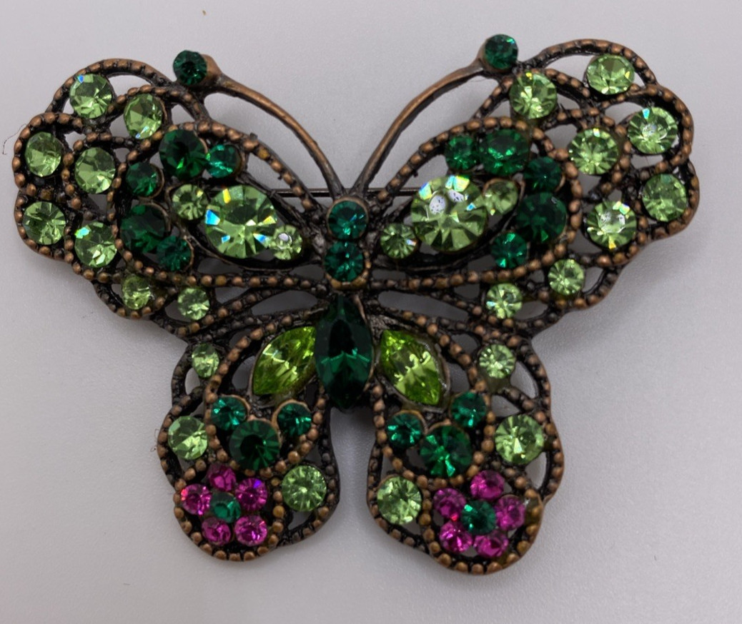 Butterfly Brooch Pin With Green and Pink Rhinestones Vintage