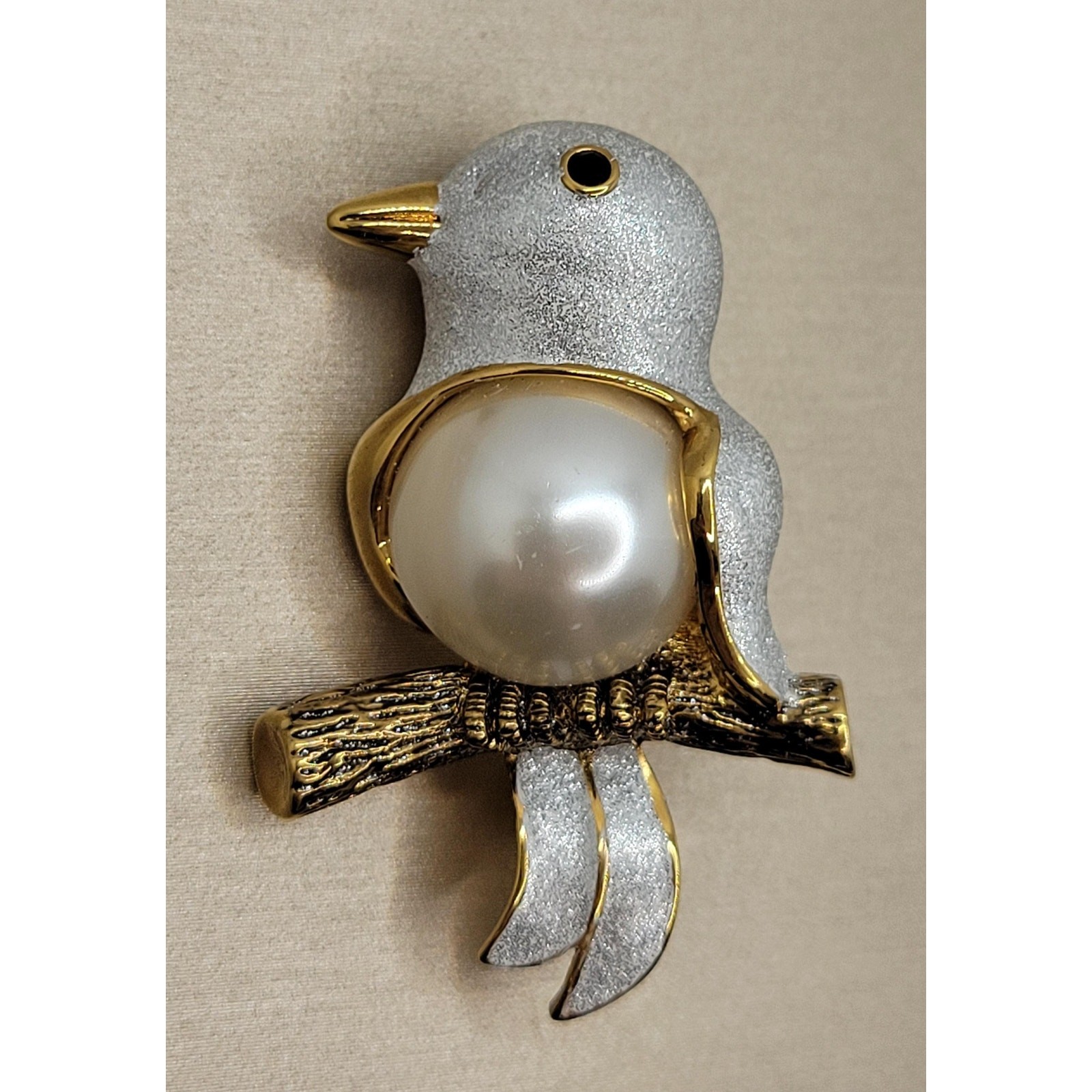 Vintage Butler Style Bird Pin Faux Pearl Belly Cabochon Figural 1980s Brooch
