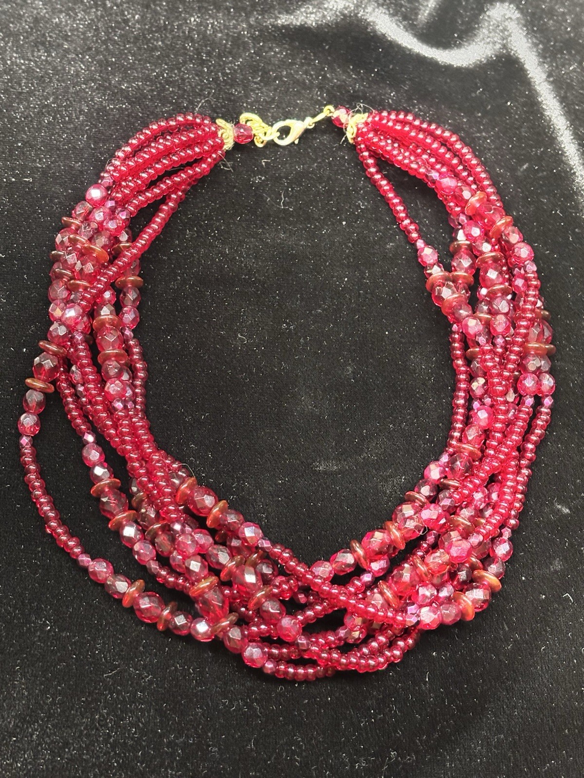 Vintage Lovely Ruby Red Crystal Glass Beads 8 Strand Necklace Adj 16-18 “