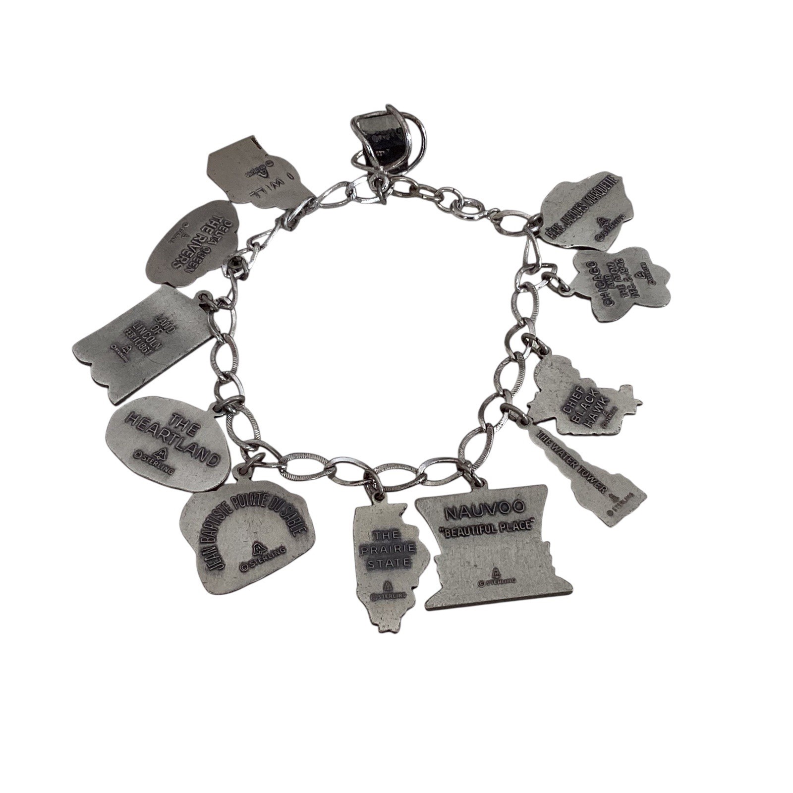 Sterling Silver Historic Illinois Charm Bracelet Lincoln Heartland Chicago 44g