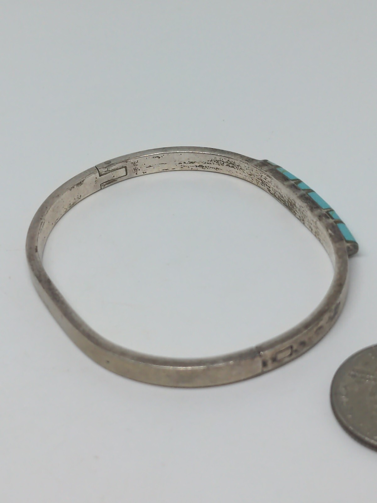 Vintage Sterling Silver 925 Blue Turquoise Mexico Hindged Bangle Bracelet 7″