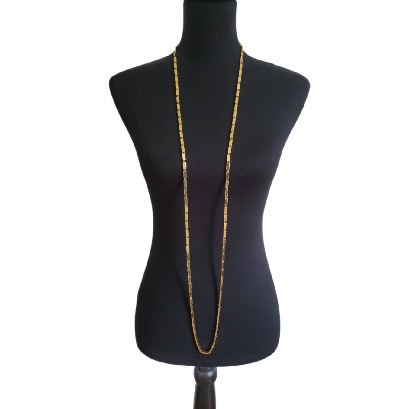 Monet Necklace Gold Tone Rectangular Box Chain Bar Link Extra Long 54″ Opera Vtg