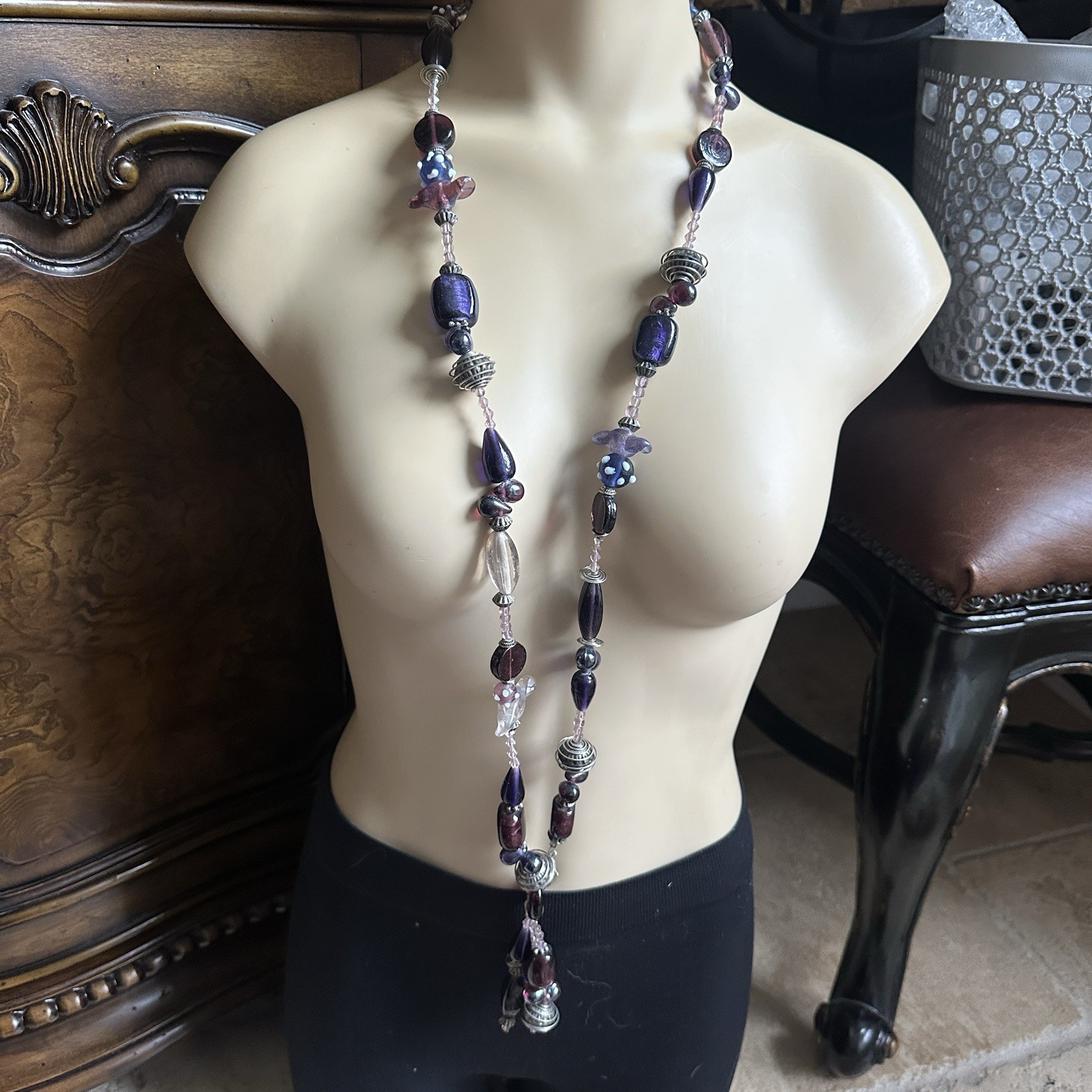 VTG Artisan Beaded Necklace 41 Inch Metal Art Glass Statement Tassel Multicolor