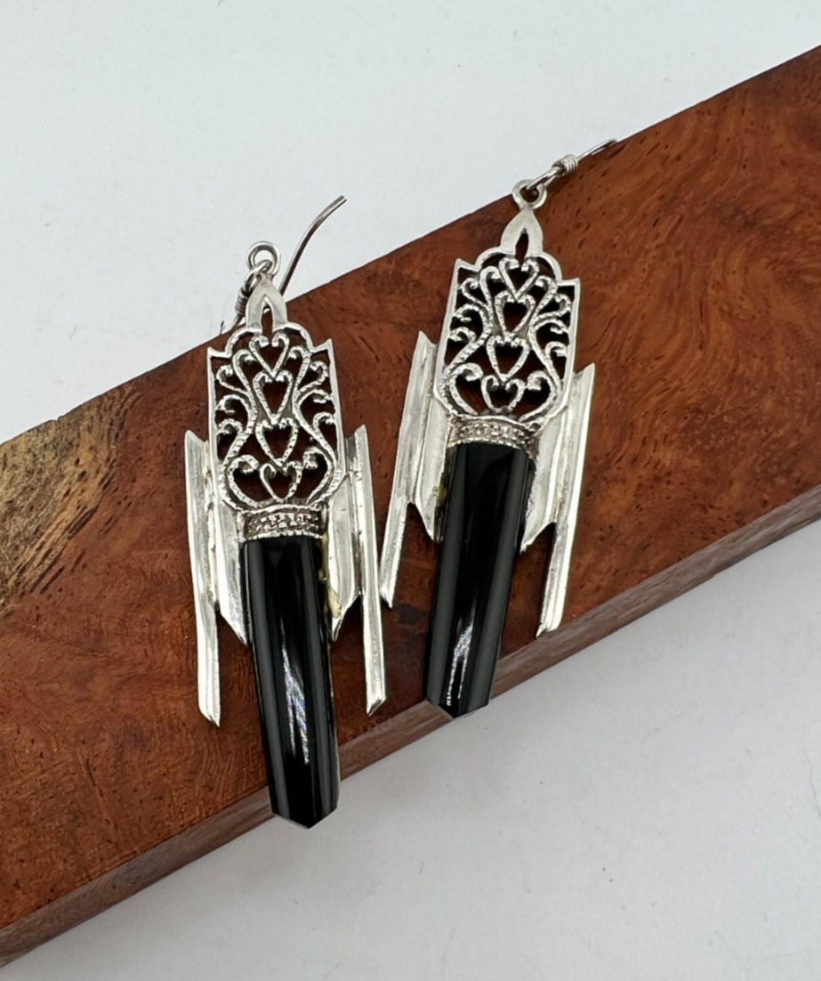 Art Deco Revival Black Onyx dangle earrings 925 Sterling silver EUC