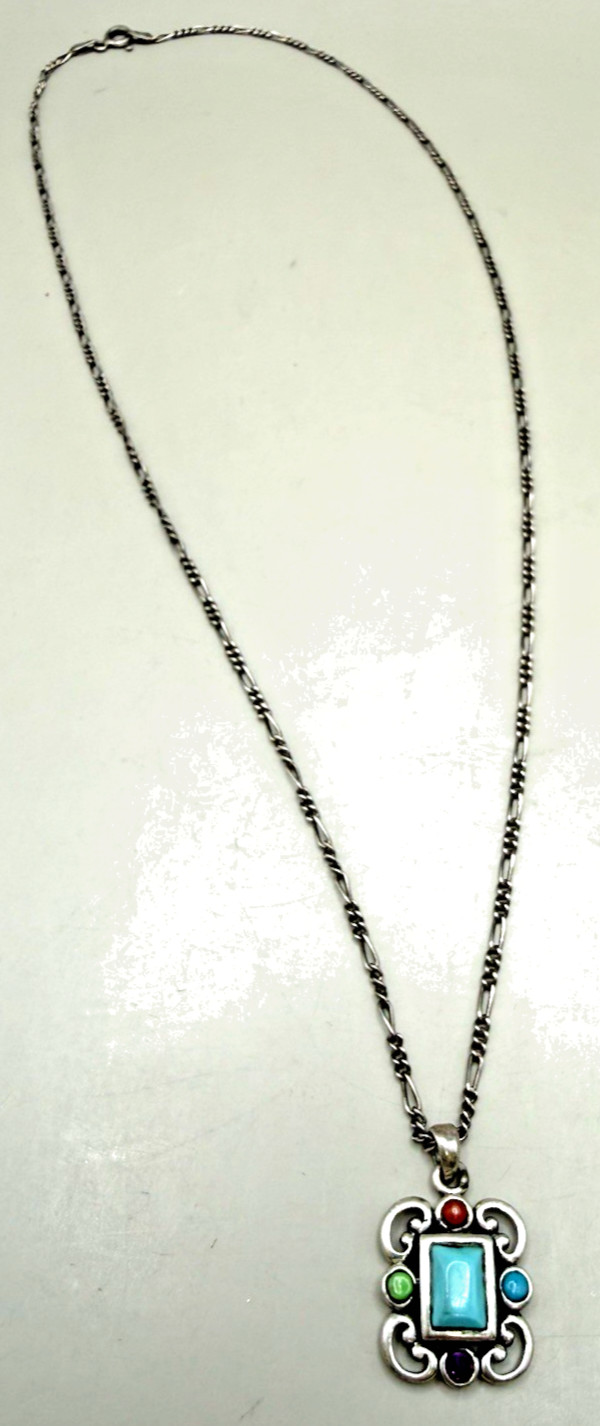 Vintage Made in Italy SILV Marked Multicolor Pendant Necklace 20″ Figaro Chain