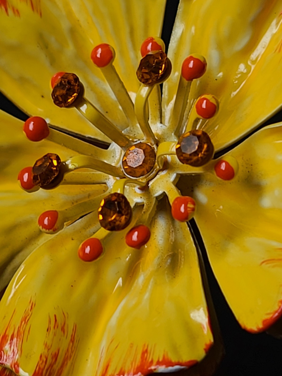 Vintage Yellow Enamel Poppy Flower Power Brooch Pin Hippie MCM Glows Under UV