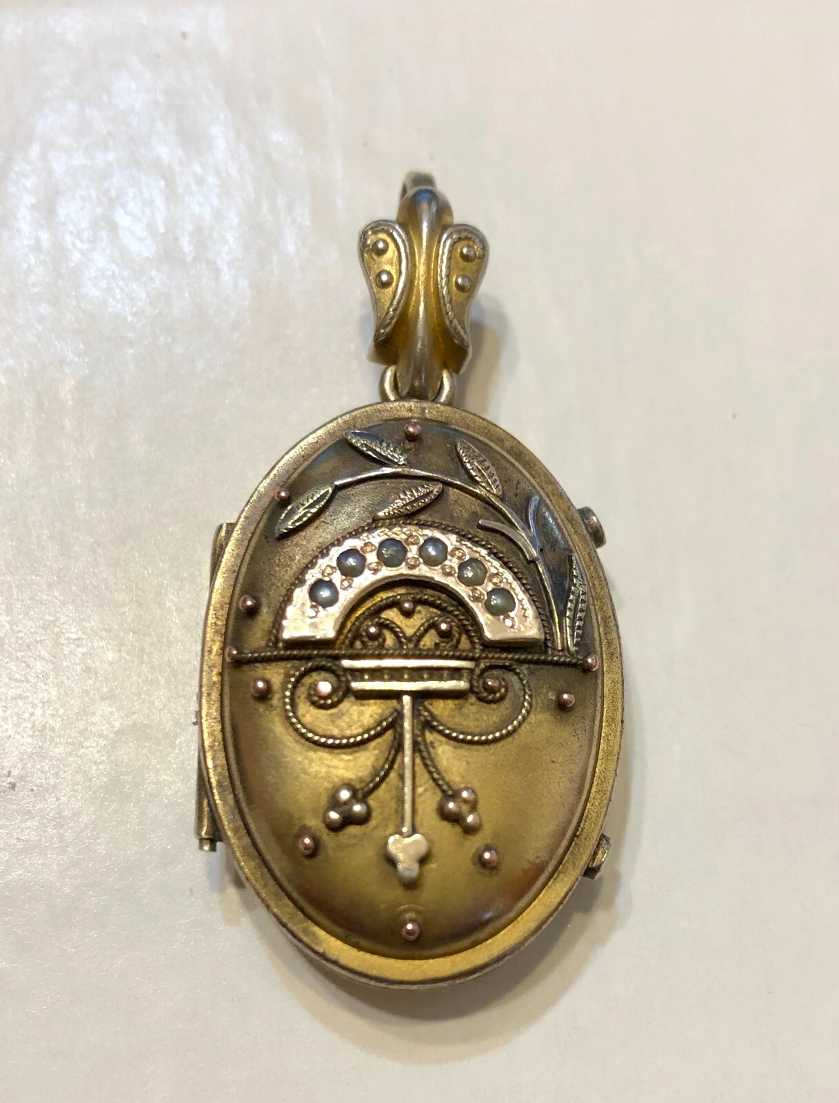 Antique Victorian Etruscan Gold Filled Oval Locket Applied Decoration & Pearls