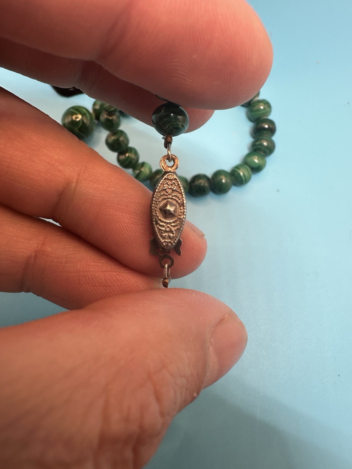 Vintage Malachite Stones Stunning Necklace 22.5” .925 Sterling Fish Hook Clasp