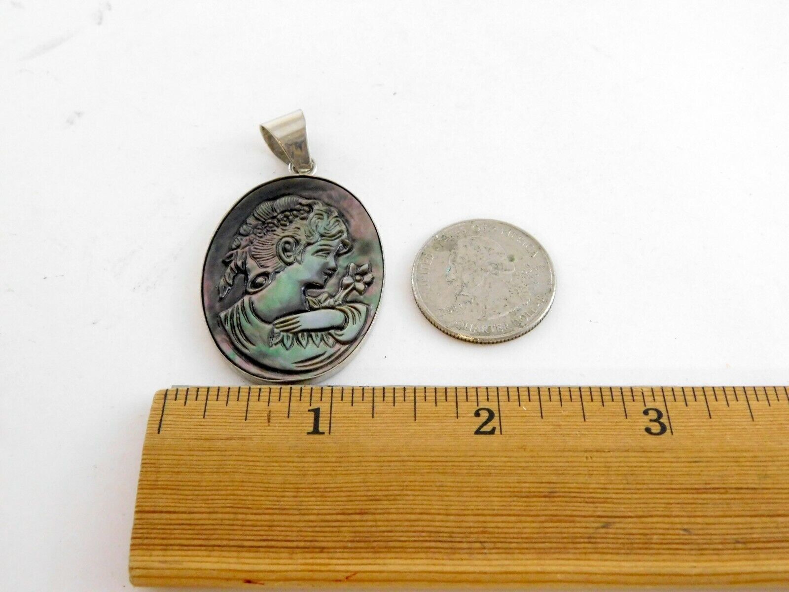 LS China Silver Tone Metal and Carved Abalone Shell Cameo Pendant 6.5g 2 Inches