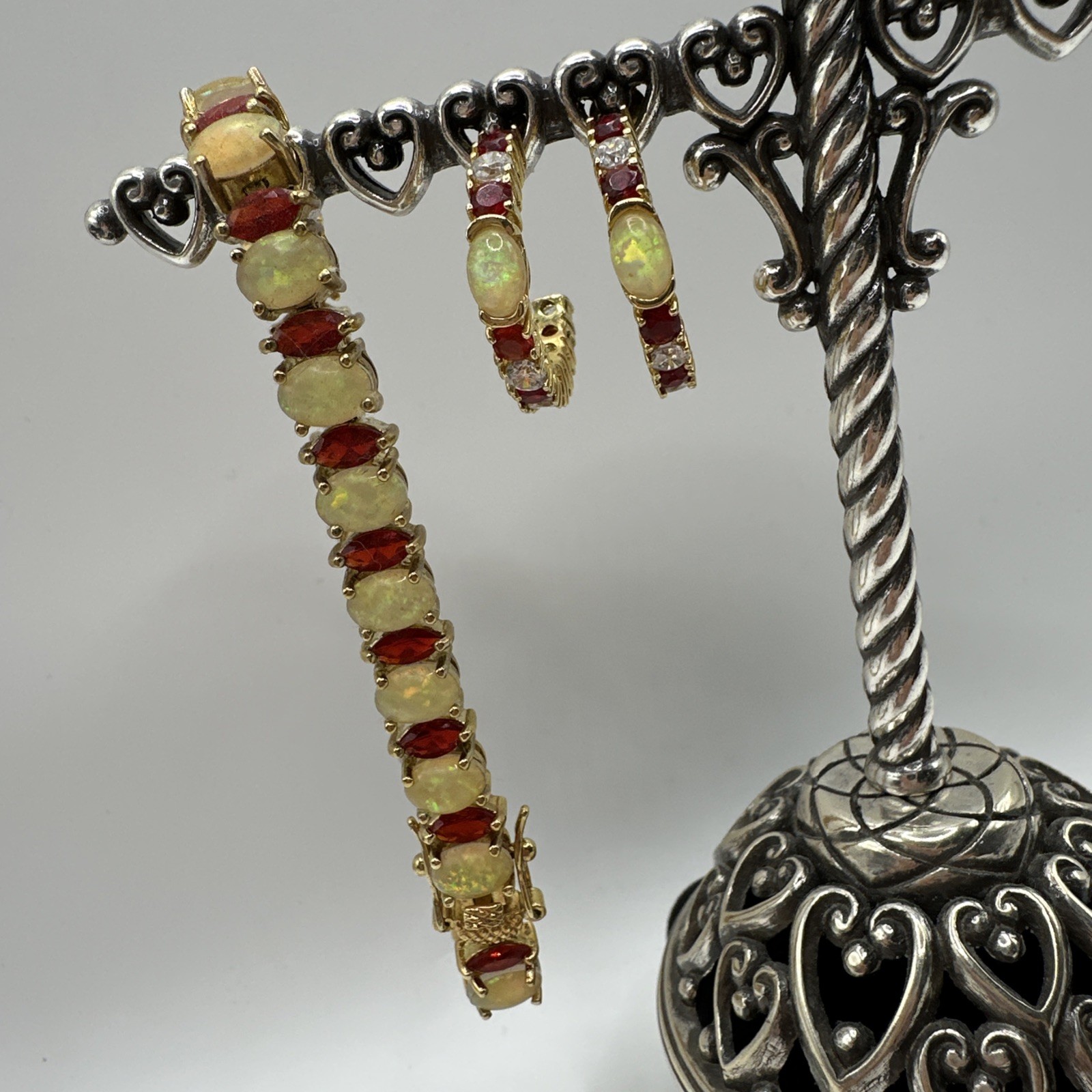 DBJ 925 Sterling Silver Gold Vermeil Red CZ Opal Hoop Earring & Bracelet Set