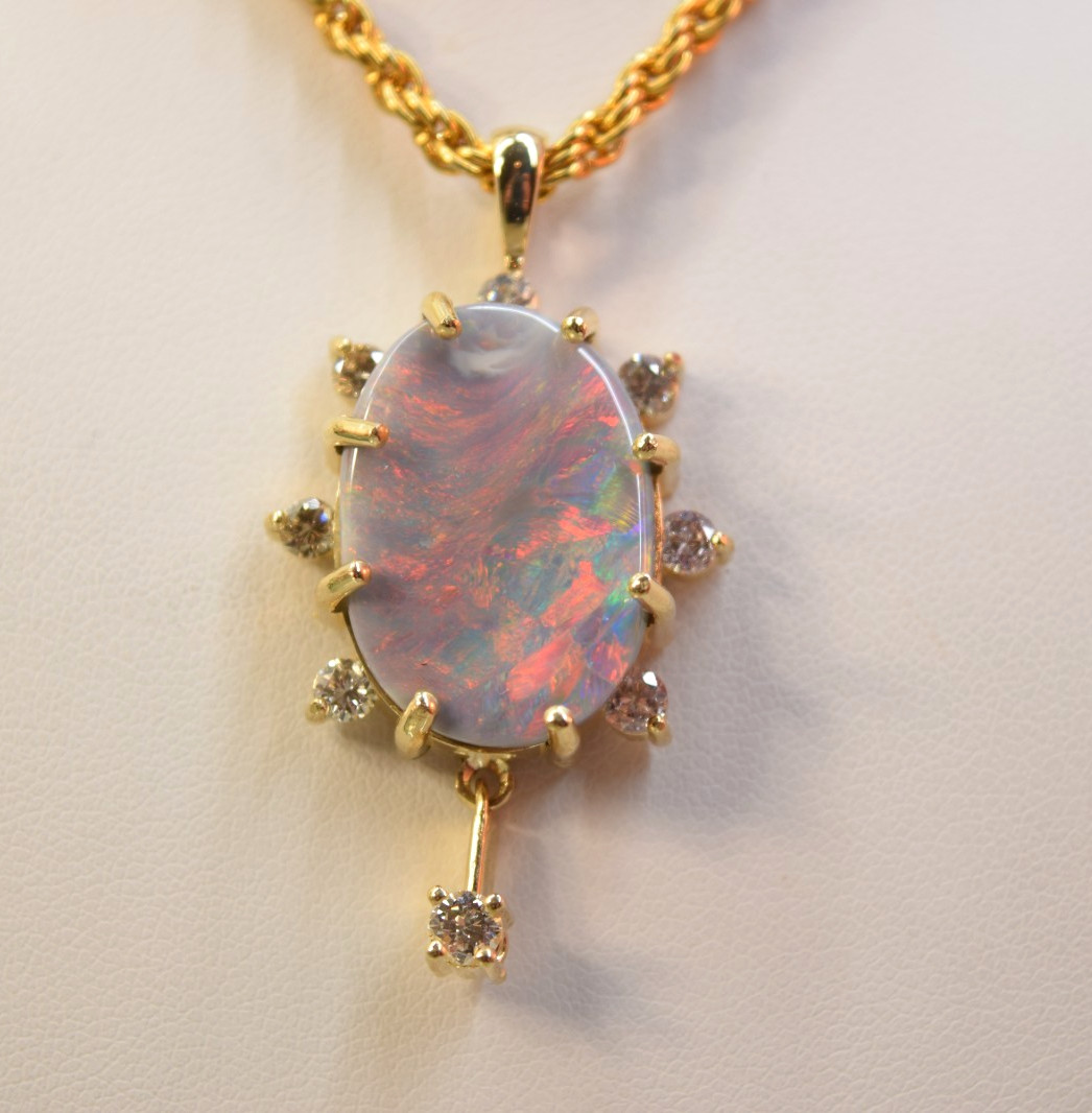 Estate Antique 14K Gold Large 10ct Black Opal Diamond Necklace Pendant