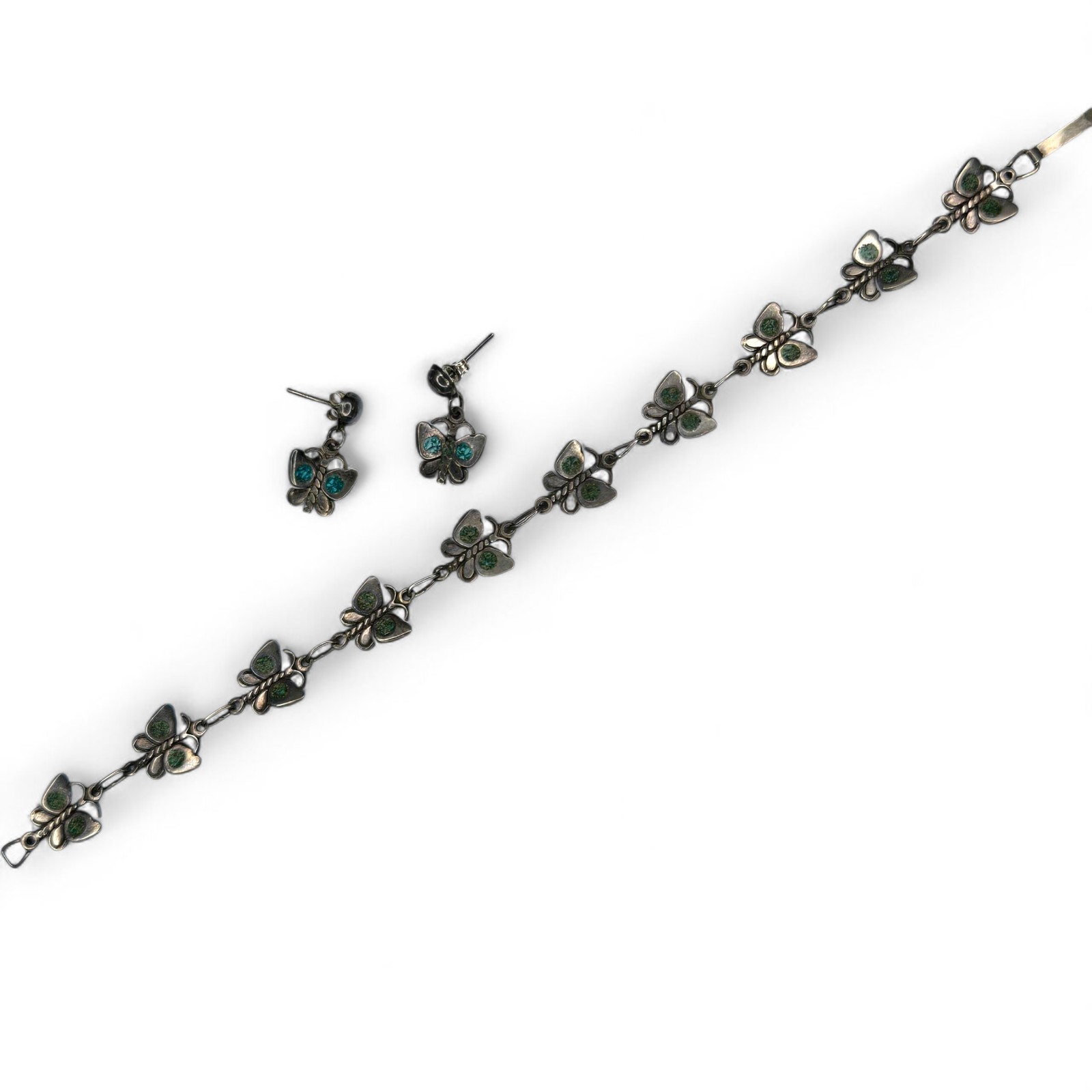 Vintage Mexico Sterling Silver Turquoise Chip Inlay Butterfly Bracelet Earrings