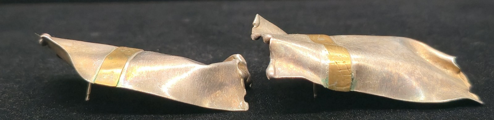 Big Vtg Signed Mixed Metal Sterling Silver Brass Brutalist Pierced Earrings